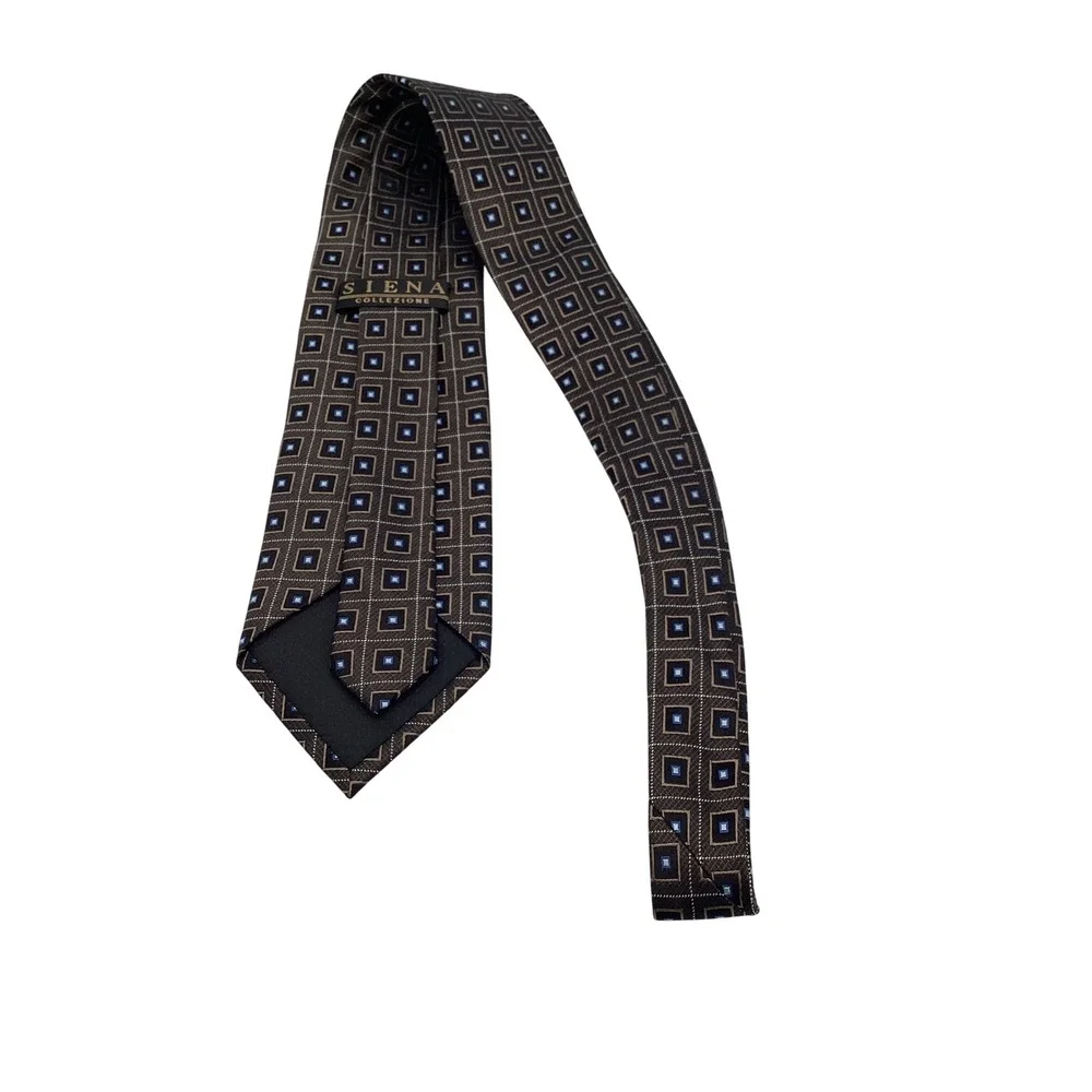 Siena Collezione Mens Silk‎ Necktie Brown Blue Geometric Square Hand Made Tie